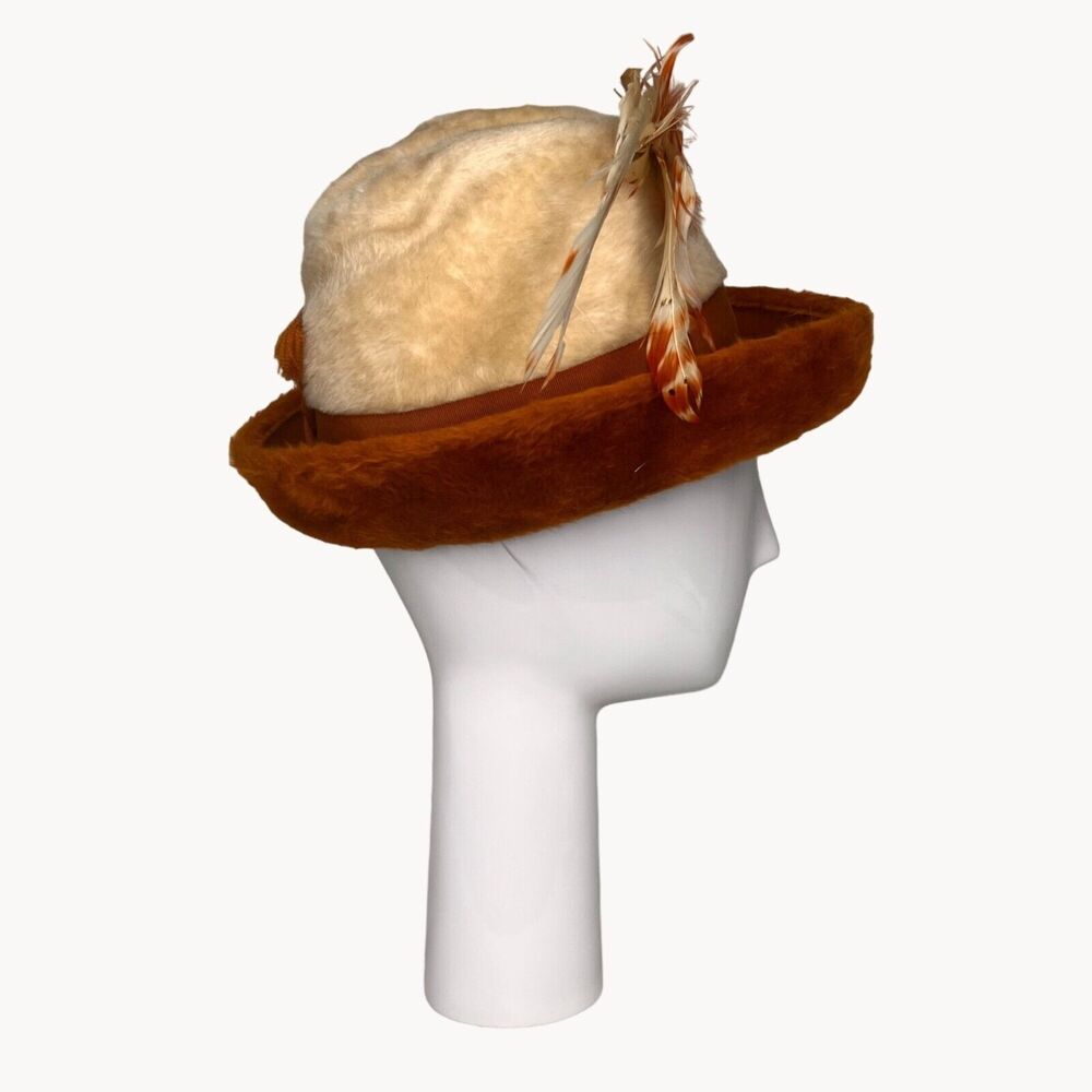 Vintage 60s Pinched Crown Fuzzy Fedora Hat 2 Tone White Rust Breton Mod Bellini - Picture 3 of 14